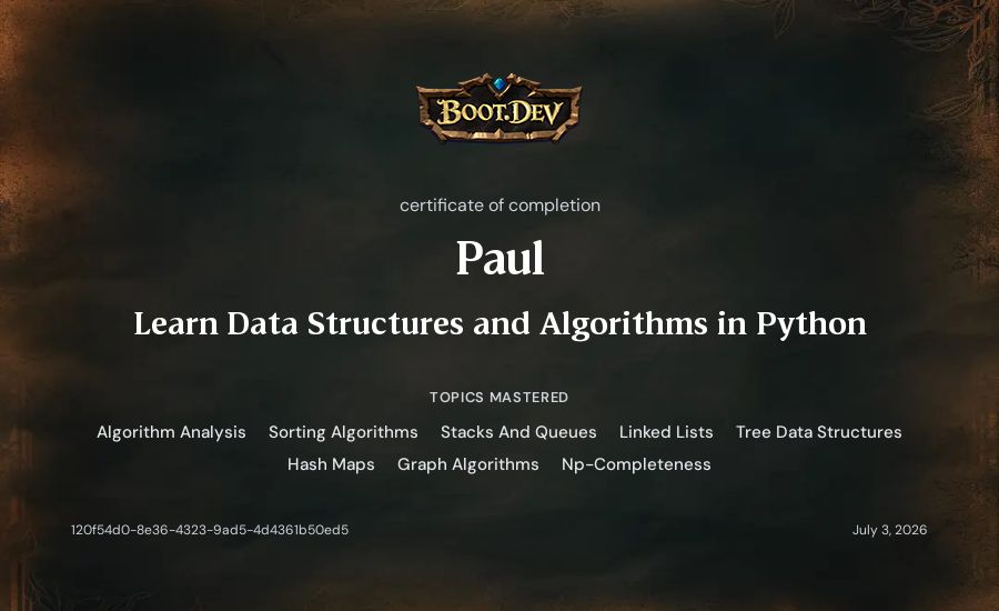 Paul's Boot.dev Learn Data Structures and Algorithms in Python certificate