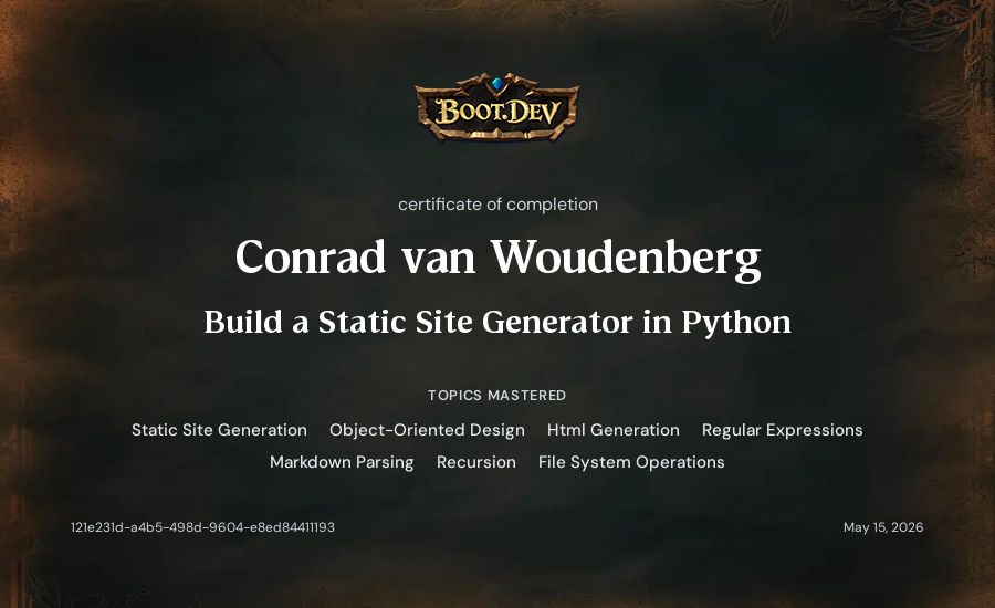 Conrad van Woudenberg's Boot.dev Build a Static Site Generator in Python certificate