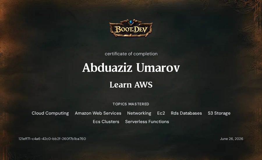 Abduaziz Umarov's Boot.dev Learn AWS certificate