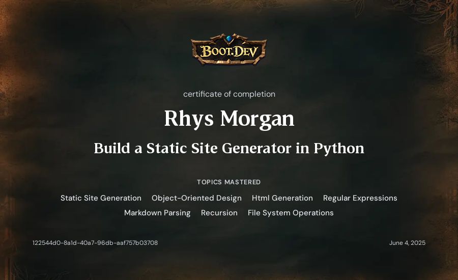 Rhys Morgan's Boot.dev Build a Static Site Generator in Python certificate
