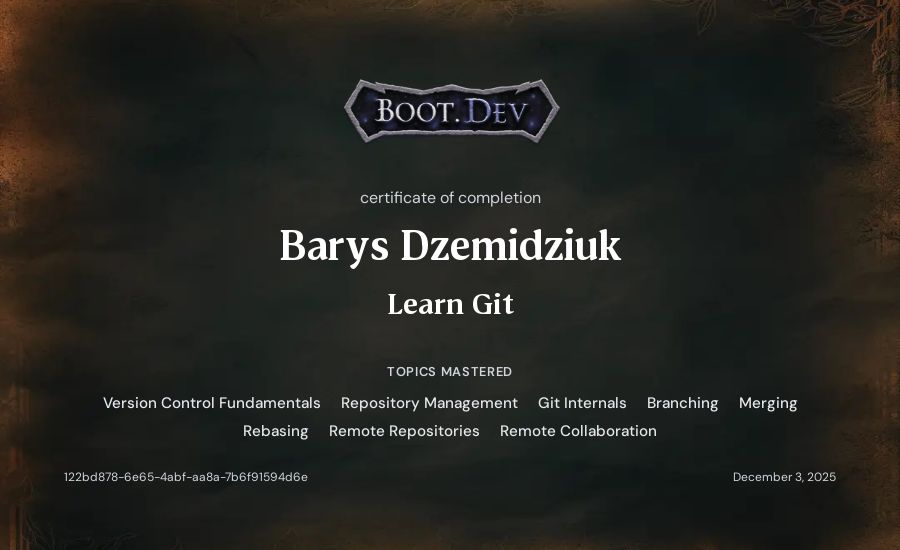 Barys Dzemidziuk's Boot.dev Learn Git certificate