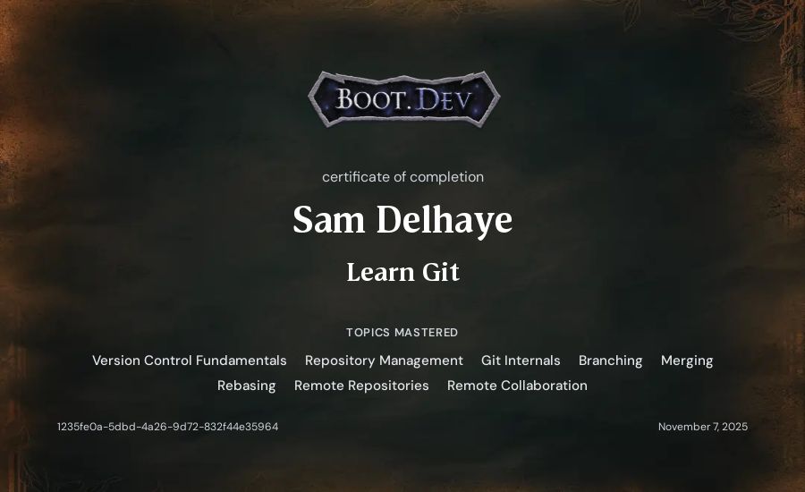 Sam Delhaye's Boot.dev Learn Git certificate