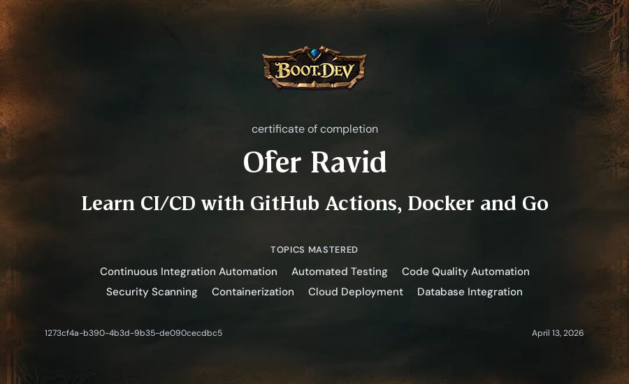 Ofer Ravid's Boot.dev Learn CI/CD with GitHub Actions, Docker and Go certificate
