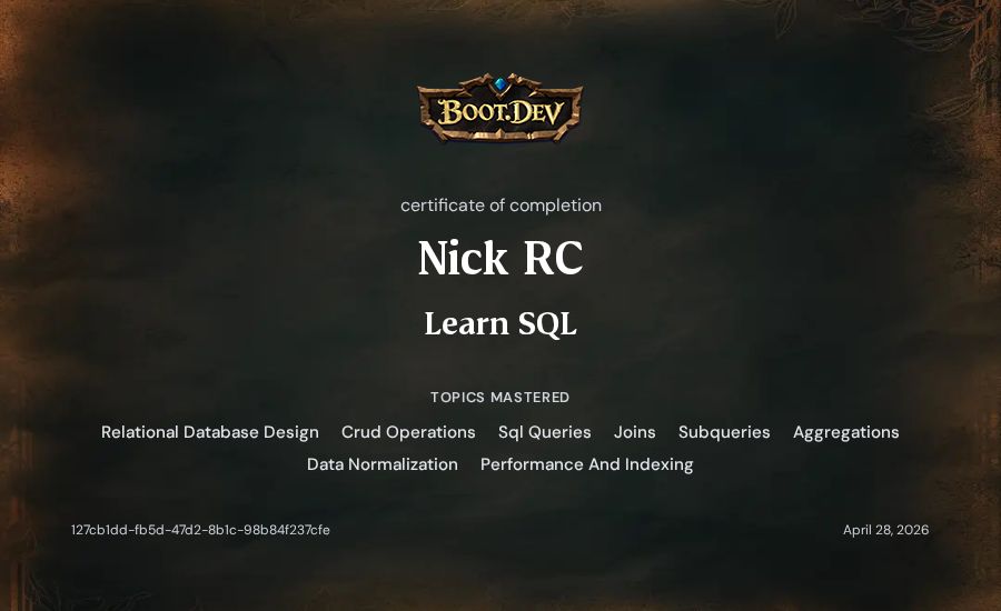 Nick RC's Boot.dev Learn SQL certificate