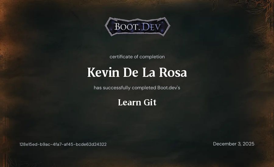 Kevin De La Rosa's Boot.dev Learn Git certificate