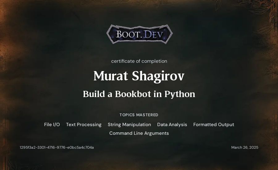 Murat Shagirov's Boot.dev Build a BookBot in Python certificate