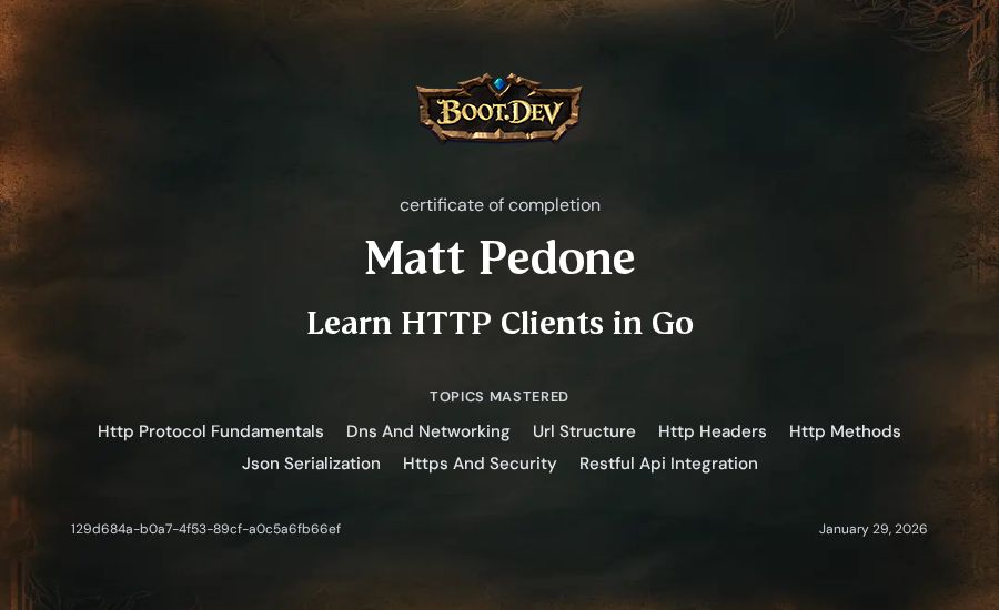 Matt Pedone's Boot.dev Learn HTTP Clients in Go certificate