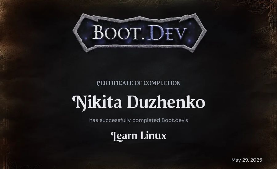 Nikita Duzhenko's Boot.dev Learn Linux certificate