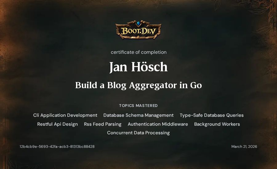 Jan Hösch's Boot.dev Build a Blog Aggregator in Go certificate