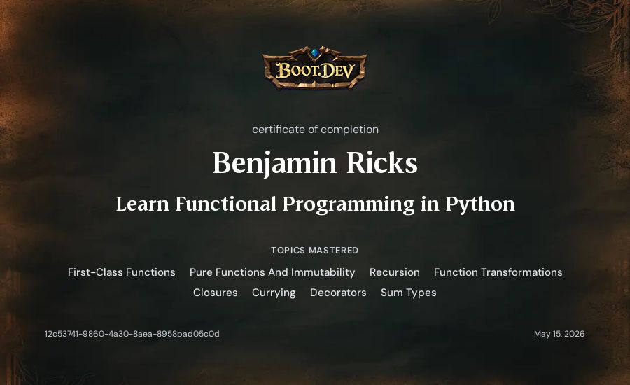 Benjamin Ricks's Boot.dev Learn Functional Programming in Python certificate
