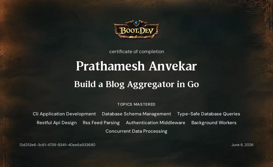 Prathamesh Anvekar's Boot.dev Build a Blog Aggregator in Go certificate