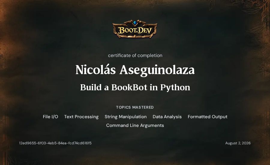 Nicolás Aseguinolaza's Boot.dev Build a BookBot in Python certificate