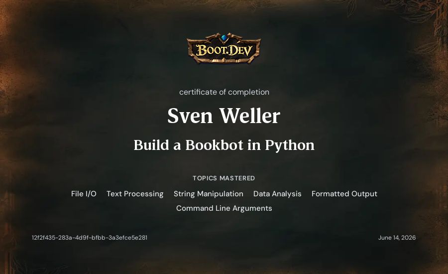 Sven Weller's Boot.dev Build a BookBot in Python certificate