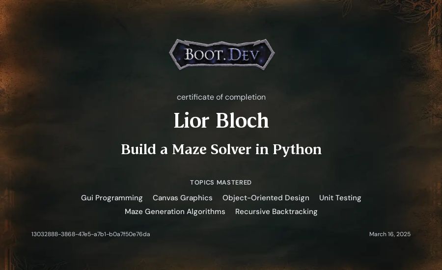 Lior Bloch's Boot.dev Build a Maze Solver in Python certificate