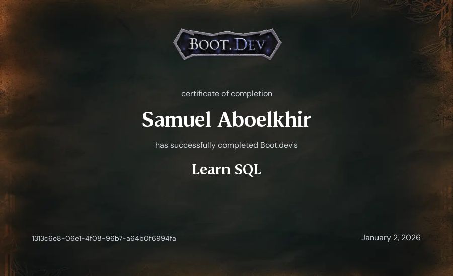 Samuel Aboelkhir's Boot.dev Learn SQL certificate