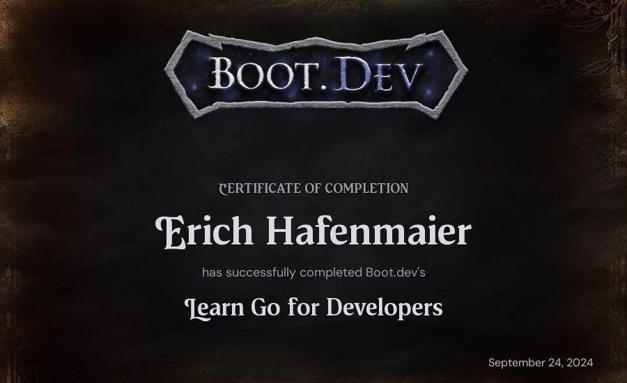 Erich Hafenmaier's Boot.dev Learn Go certificate