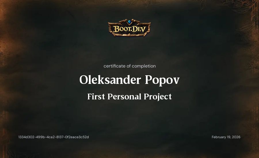 Oleksander Popov's Boot.dev First Personal Project certificate