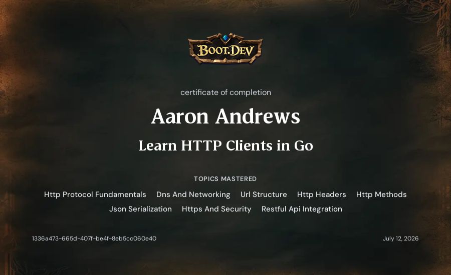 Aaron Andrews's Boot.dev Learn HTTP Clients in Go certificate