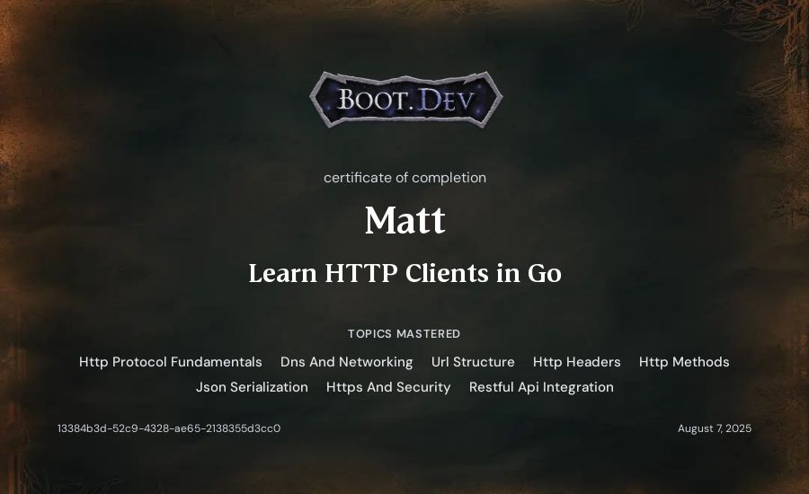 Matt's Boot.dev Learn HTTP Clients in Go certificate