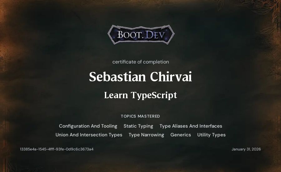 Sebastian Chirvai's Boot.dev Learn TypeScript certificate