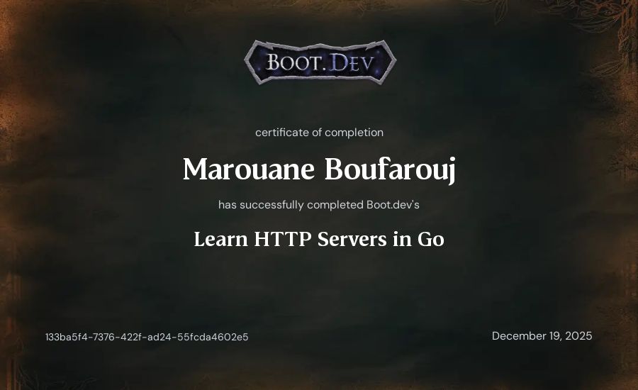 Marouane Boufarouj's Boot.dev Learn HTTP Servers in Go certificate
