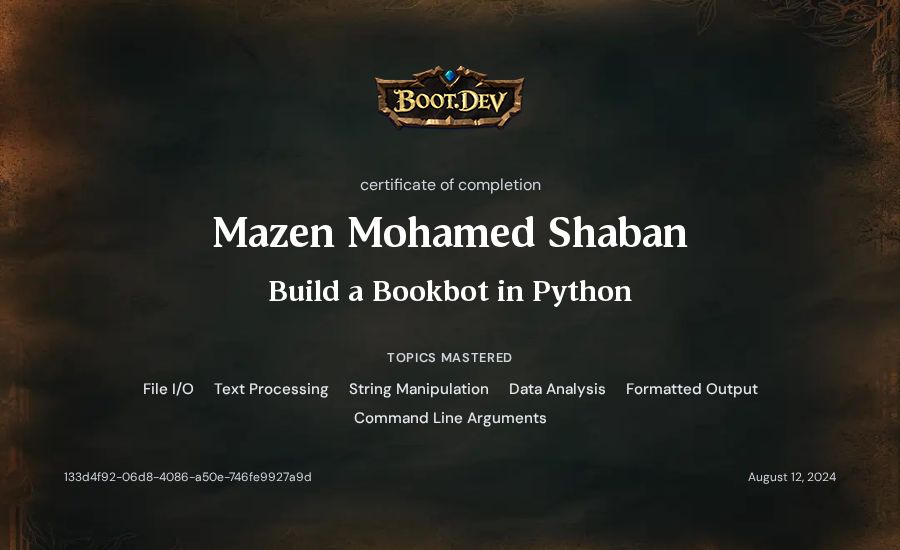 Mazen Mohamed Shaban's Boot.dev Build a BookBot in Python certificate