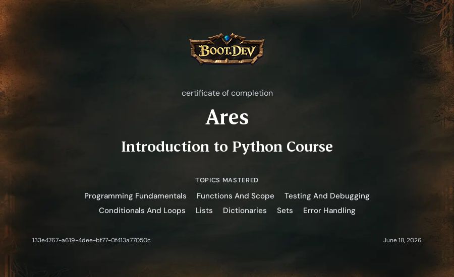 Ares's Boot.dev Introduction to Python Course certificate