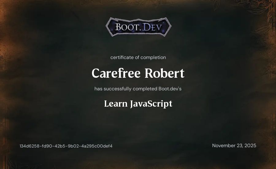 Carefree Robert's Boot.dev Learn JavaScript certificate