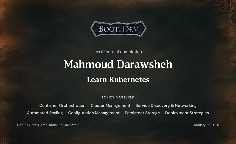 Mahmoud Darawsheh's Boot.dev Learn Kubernetes certificate