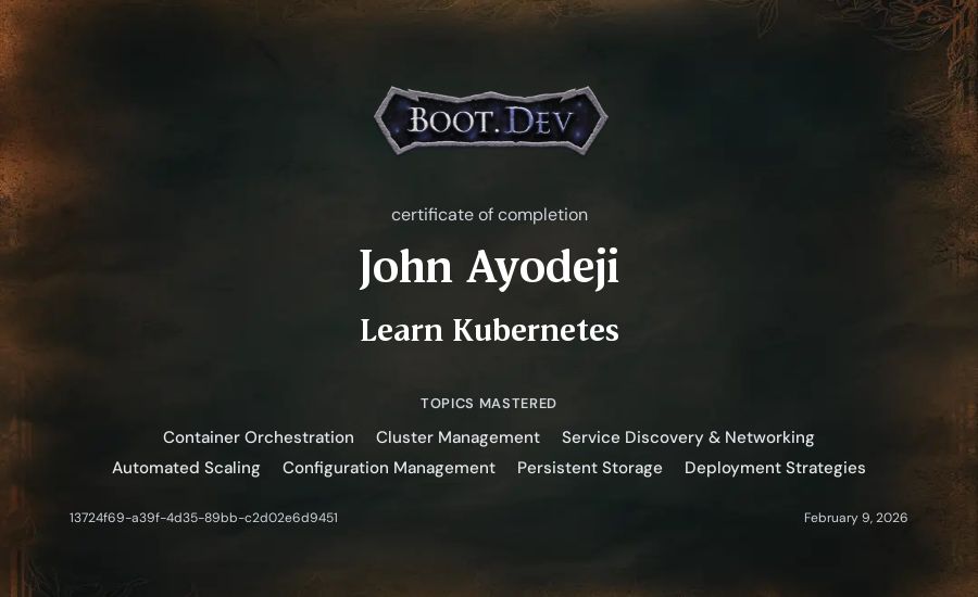 John Ayodeji's Boot.dev Learn Kubernetes certificate
