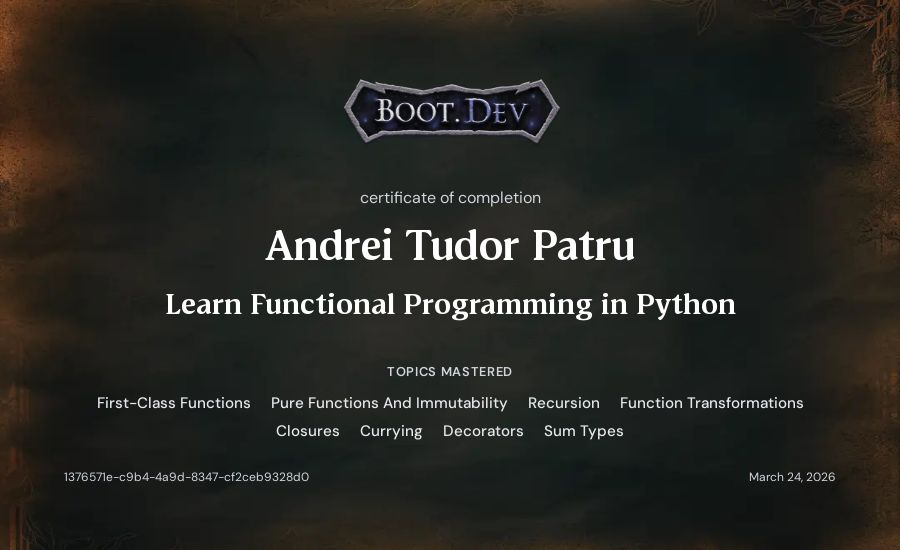 Andrei Tudor Patru's Boot.dev Learn Functional Programming in Python certificate