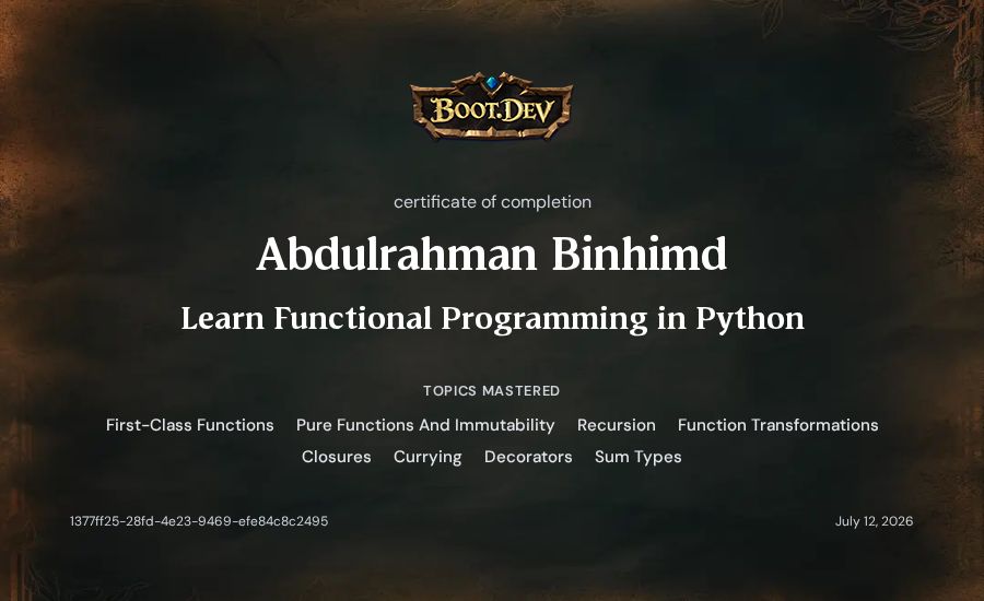 Abdulrahman Binhimd's Boot.dev Learn Functional Programming in Python certificate