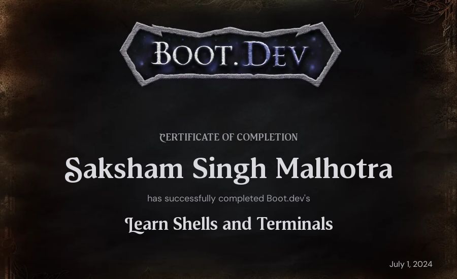 Saksham Malhotra's Boot.dev Learn Linux certificate