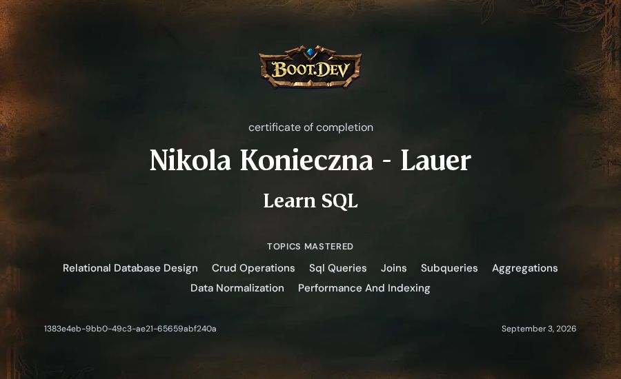 Nikola Konieczna - Lauer's Boot.dev Learn SQL certificate