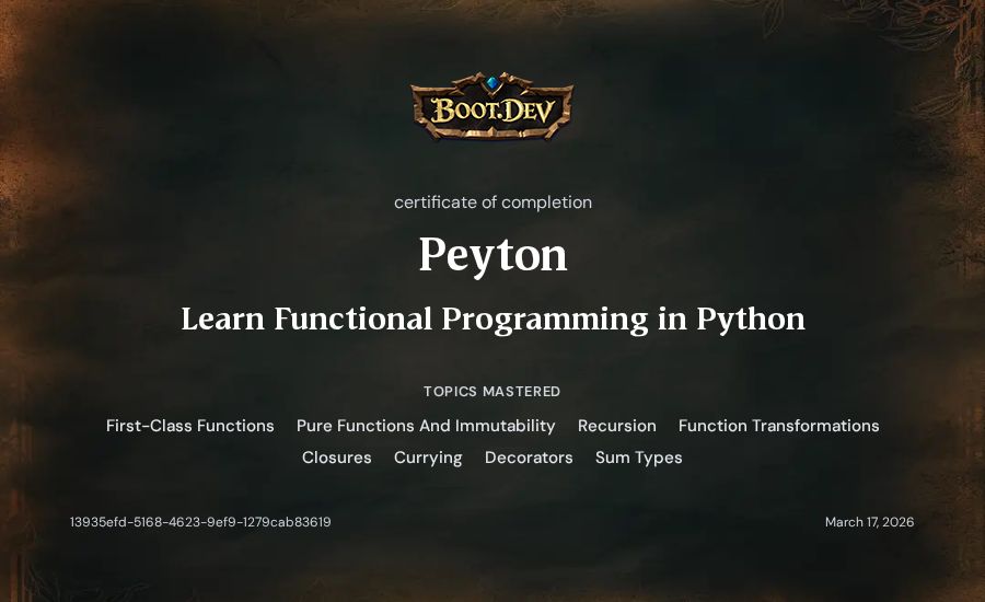 Peyton's Boot.dev Learn Functional Programming in Python certificate