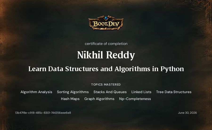 Nikhil Reddy's Boot.dev Learn Data Structures and Algorithms in Python certificate