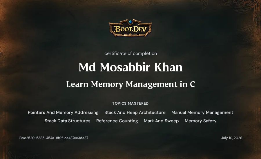 Md Mosabbir Khan's Boot.dev Learn Memory Management in C certificate