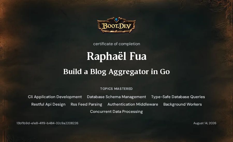 Raphaël Fua-Marcou's Boot.dev Build a Blog Aggregator in Go certificate