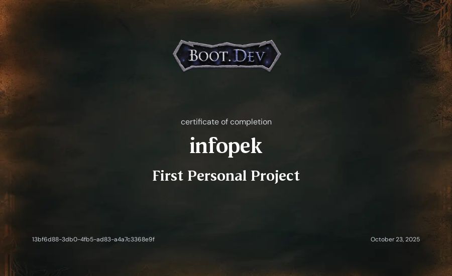 infopek's Boot.dev First Personal Project certificate