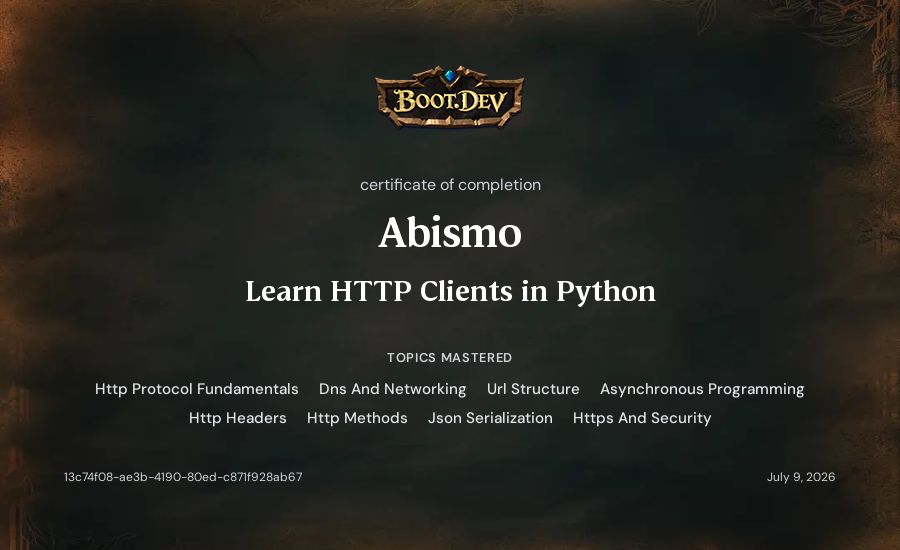 Abismo's Boot.dev Learn HTTP Clients in Python certificate