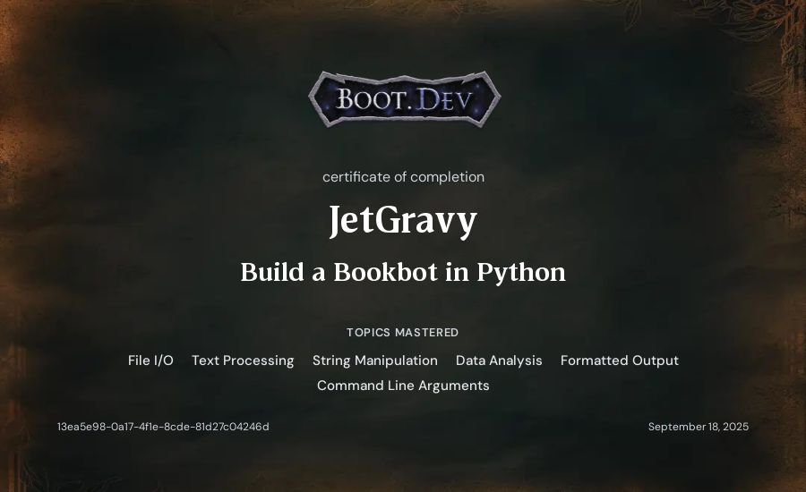 JetGravy's Boot.dev Build a BookBot in Python certificate