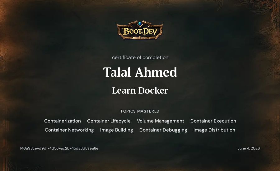 Talal Ahmed's Boot.dev Learn Docker certificate