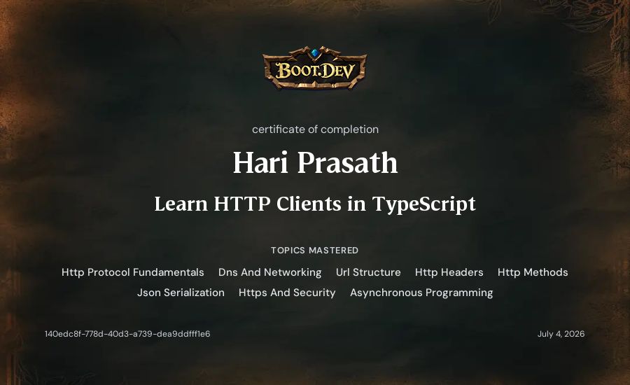 Hari Prasath's Boot.dev Learn HTTP Clients in TypeScript certificate