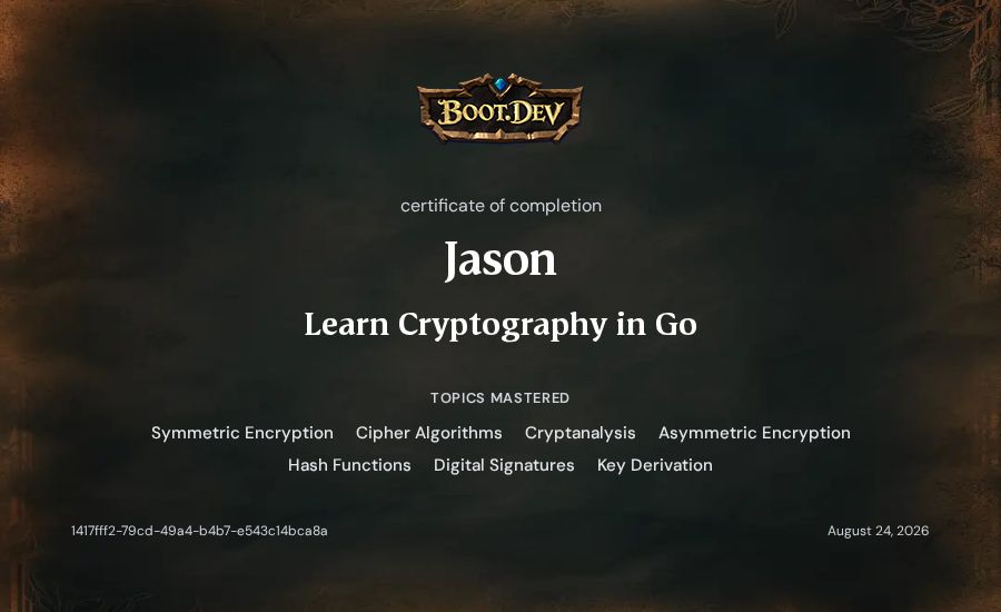 Jason's Boot.dev Learn Cryptography in Go certificate