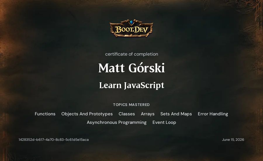 Matt Górski's Boot.dev Learn JavaScript certificate