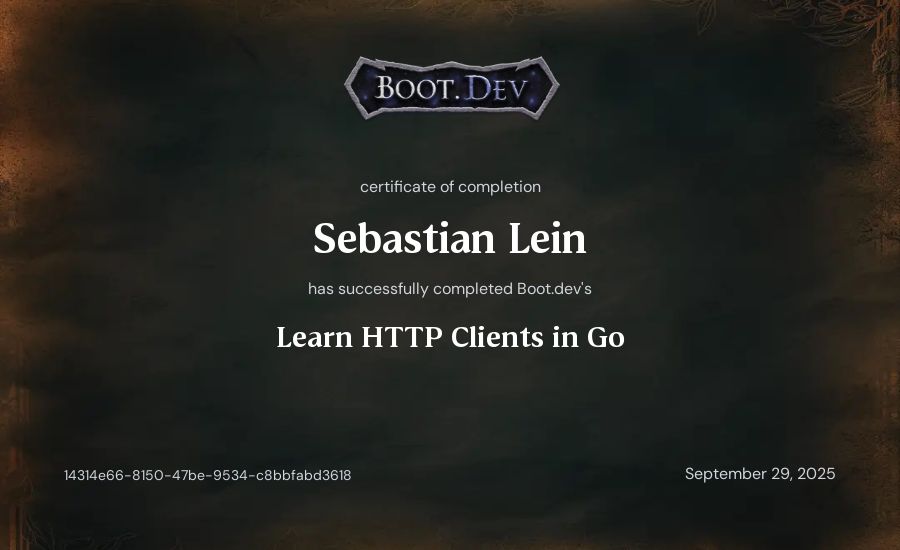 Sebastian Lein's Boot.dev Learn HTTP Clients in Go certificate