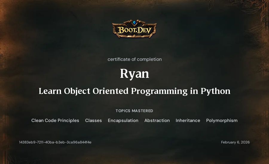 Ryan's Boot.dev Learn Object Oriented Programming in Python certificate
