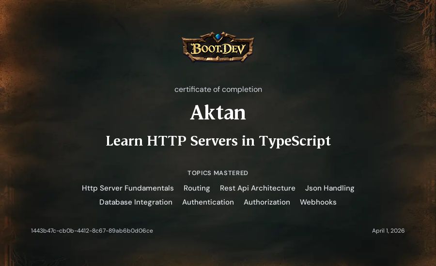 Aktan's Boot.dev Learn HTTP Servers in TypeScript certificate