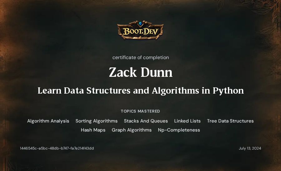 Zack Dunn's Boot.dev Learn Data Structures and Algorithms in Python certificate