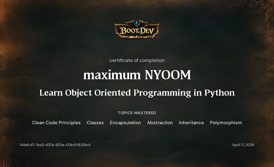 maximum NYOOM's Boot.dev Learn Object Oriented Programming in Python certificate